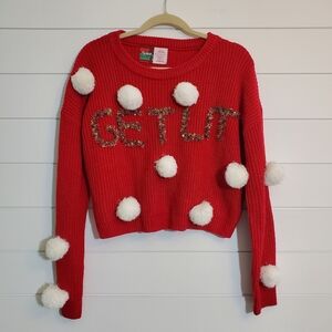 Spencer's Workshop Crop Top Ugly Sweater "Get Lit" Red Pompoms Small Christmas L